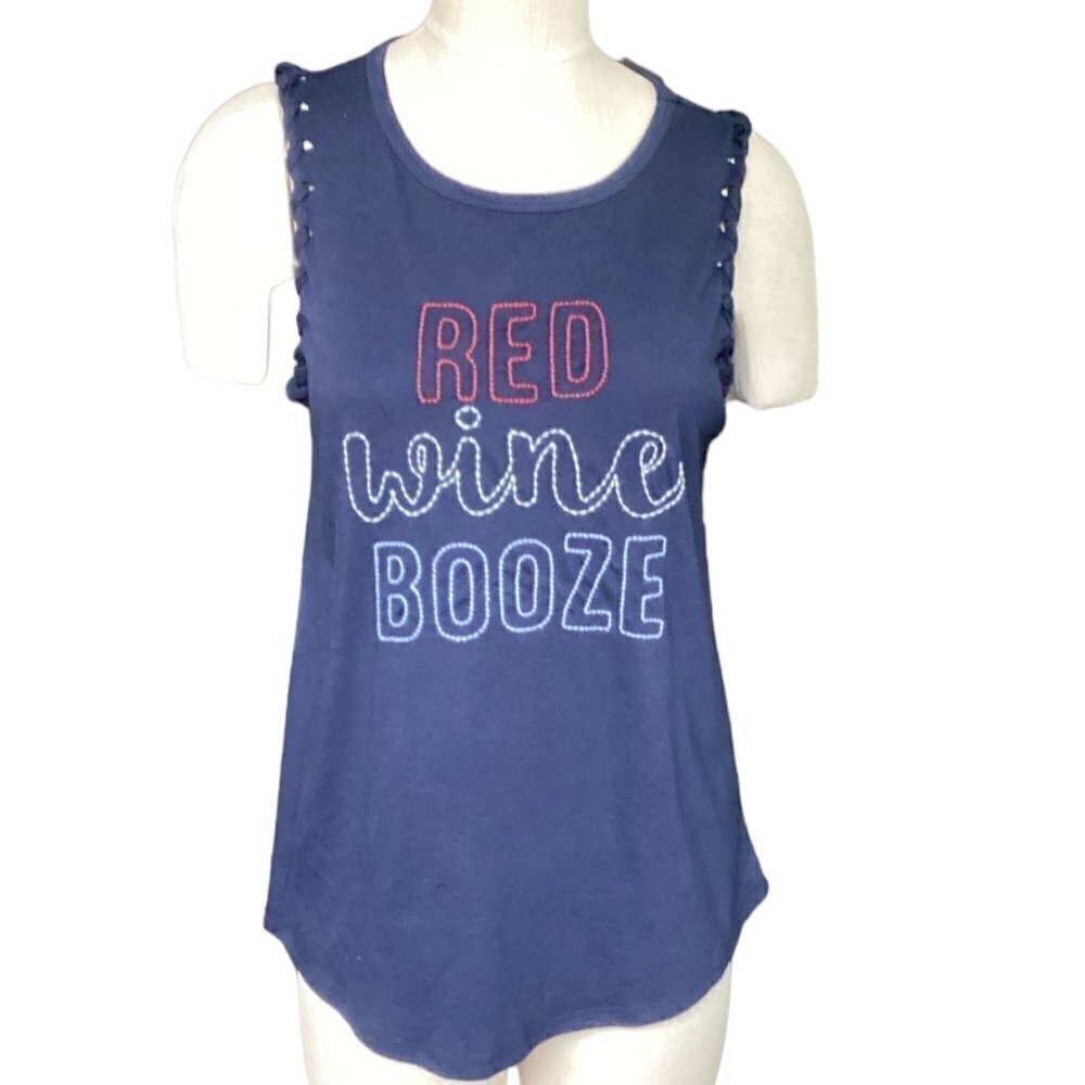 Maurices Embroidered Tank Top "Red Wine Booze" Braid Accent M‎ Blue 146G